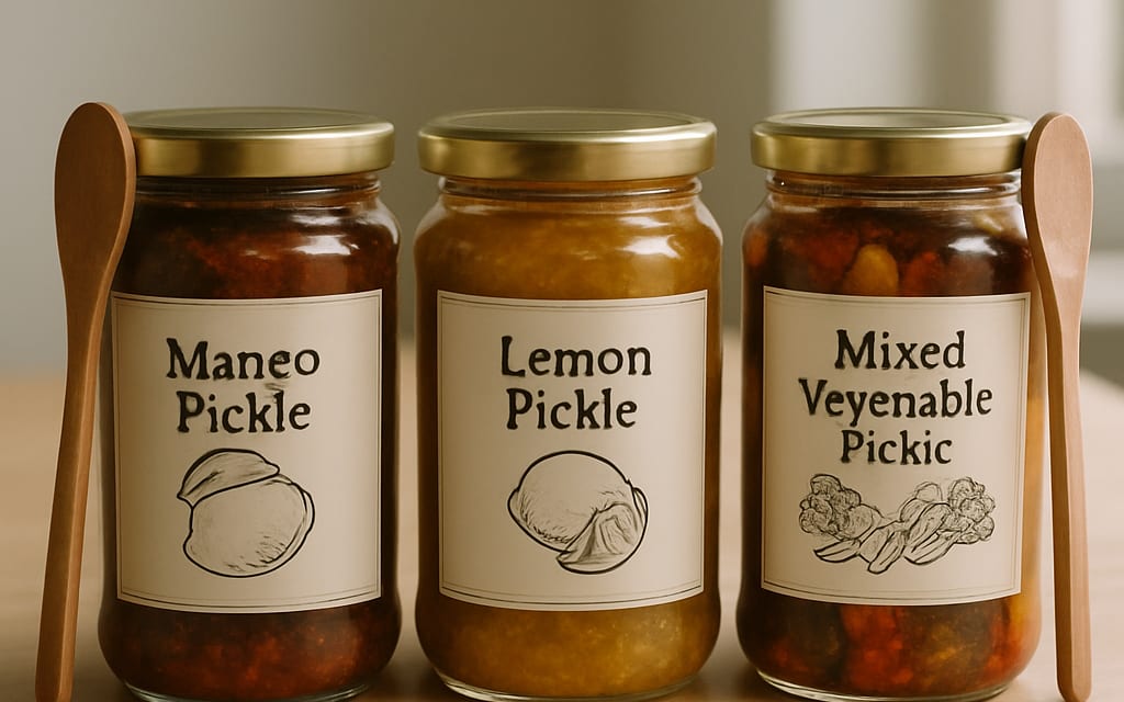 Glass jars of mango, lemon and mixed-vegetable pickles with branded labels