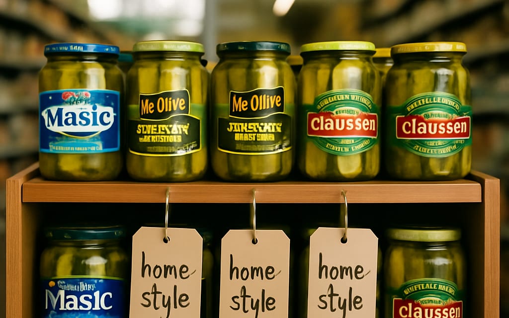 Grocery shelf displaying branded pickle jars with home-style tags
