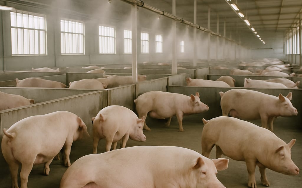 Modern pig farm with 20 sows in concrete pens, piglets at one sow's side