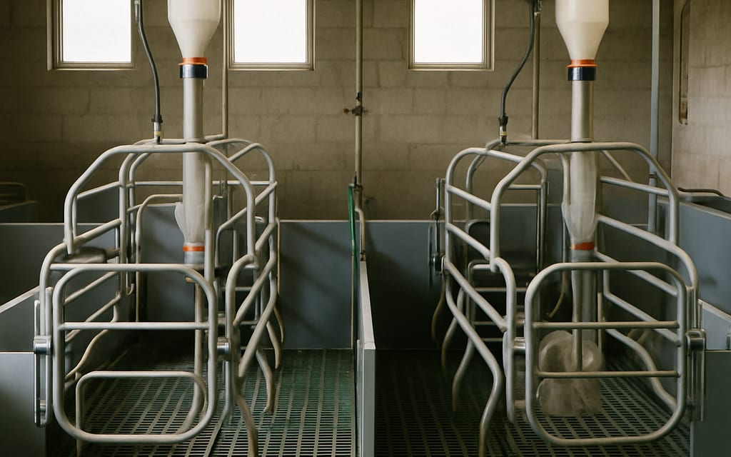 Farrowing crates, feed silos, waterer lines, slatted floors and biogas digester
