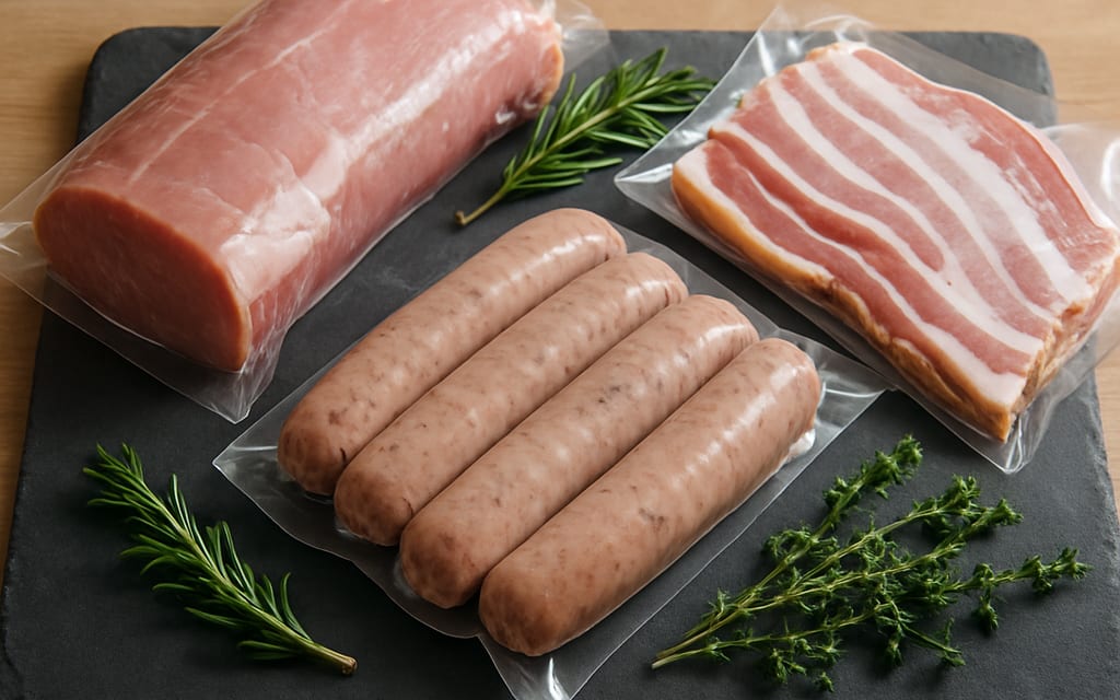 Premium pork loin, sausages and bacon on a butcher's slate board with herbs