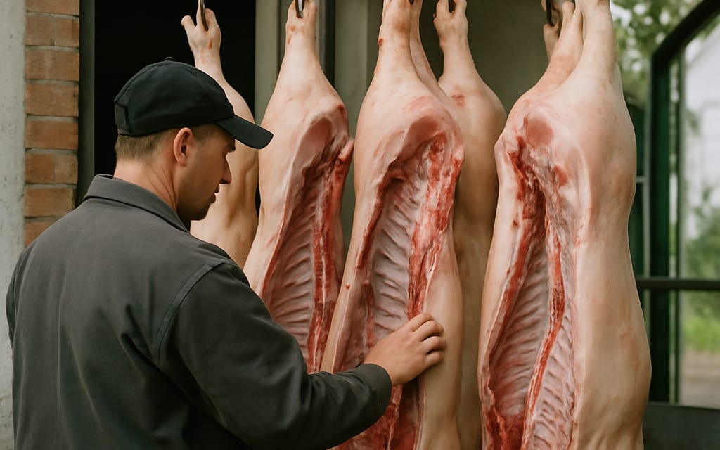Meat-shop buyer inspecting weighed pork carcasses at an abattoir loading dock