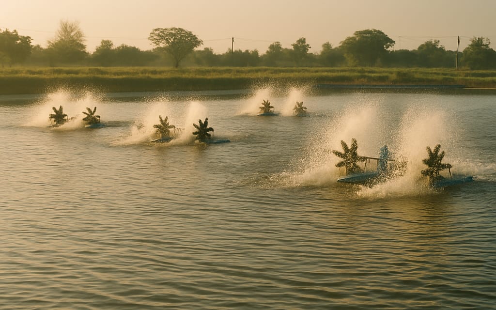 Half-hectare shrimp pond with paddle-wheel aerators stirring in morning sunlight