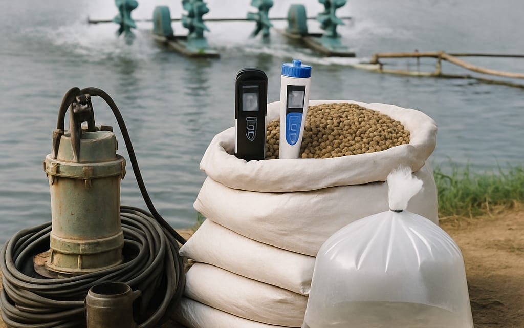 Paddle aerators, pond pump, feed sacks, EC/pH meters and fingerling bag