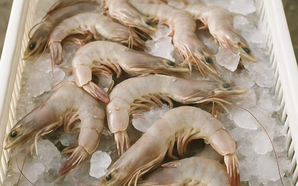 Fresh vannamei shrimp on crushed ice in a plastic crate with glistening shells