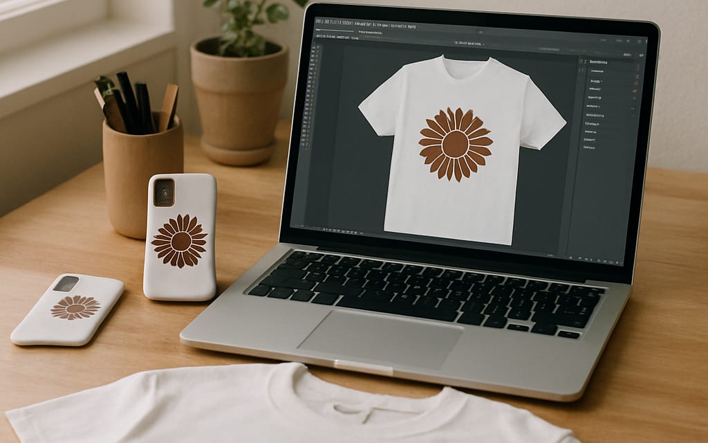 POD creator desk with laptop, t-shirt design, mockup phone case and sample tee