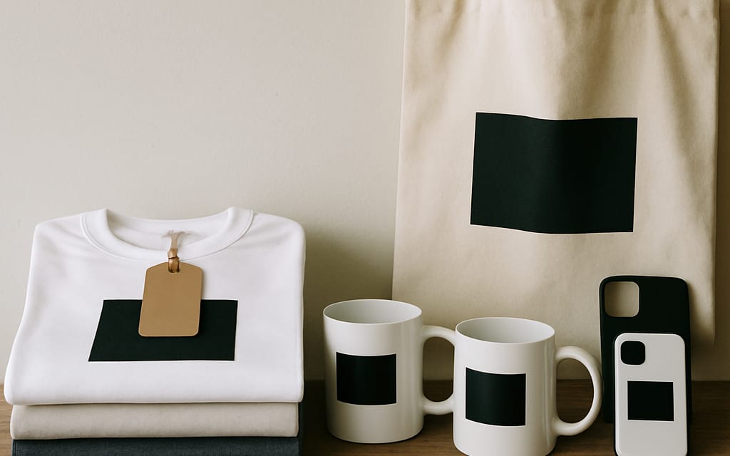 POD samples: tees with hangtags, mugs, tote bags and phone cases on a shelf
