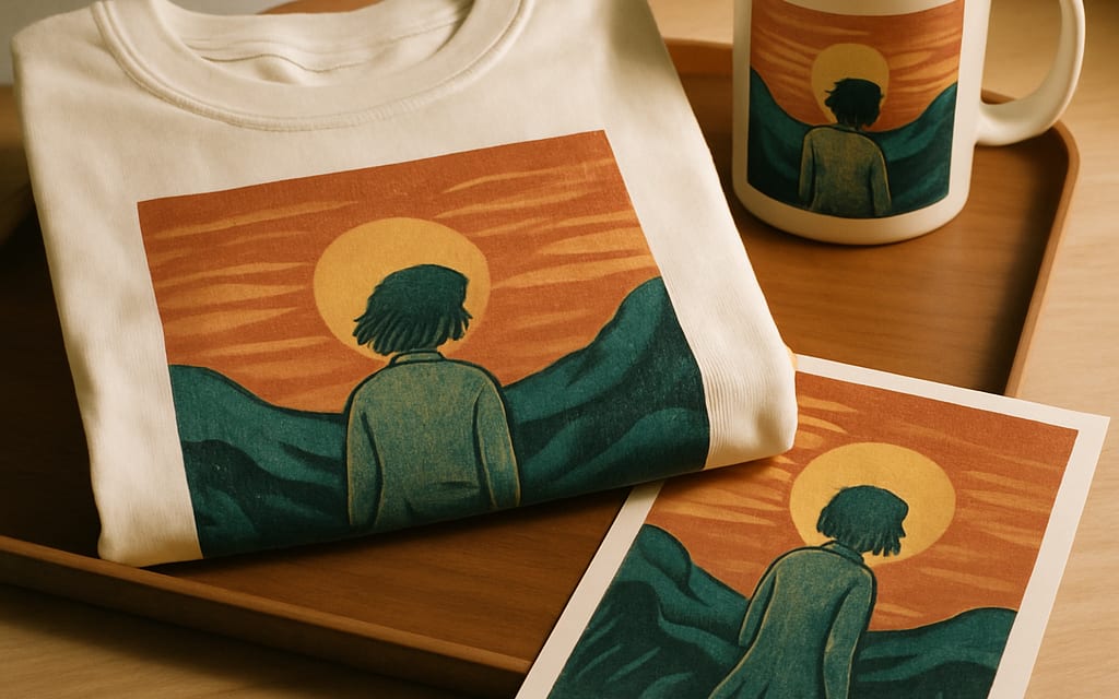 Folded printed tee, mug and poster with matching niche artwork on wood tray
