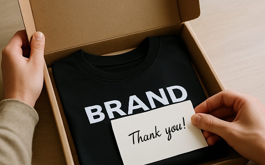 Customer unboxing a POD parcel with a folded tee and a thank-you card