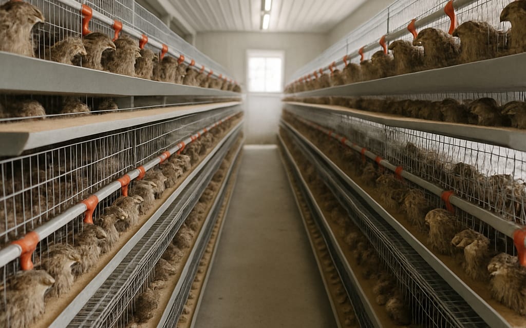 Quail farm shed with 4-tier cages of 1000 birds and speckled eggs in trays