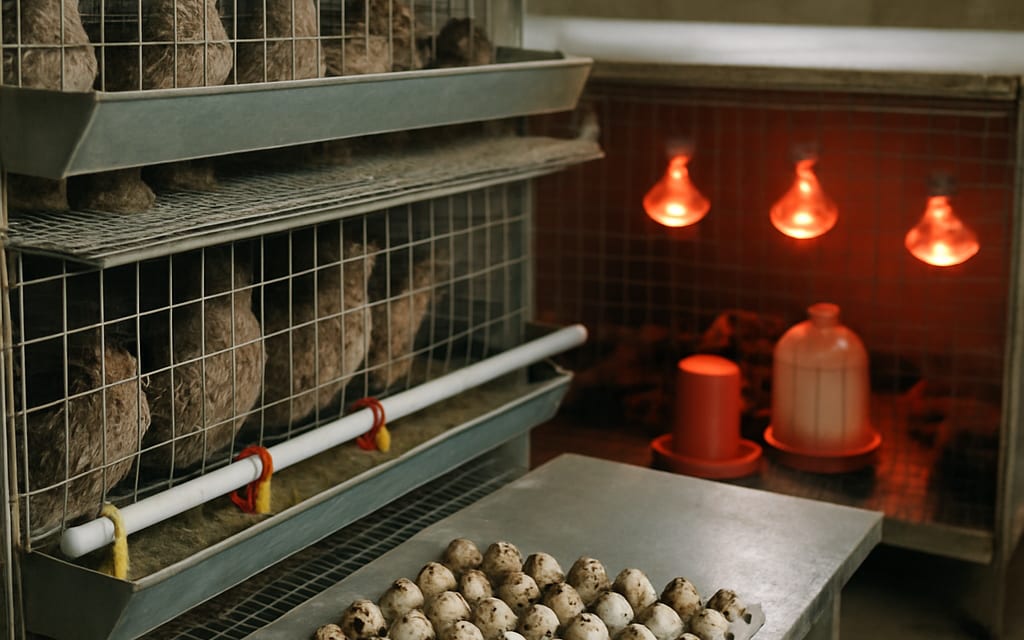 Stacked quail cages, brooder with heat lamps, feeders, waterers and egg tray