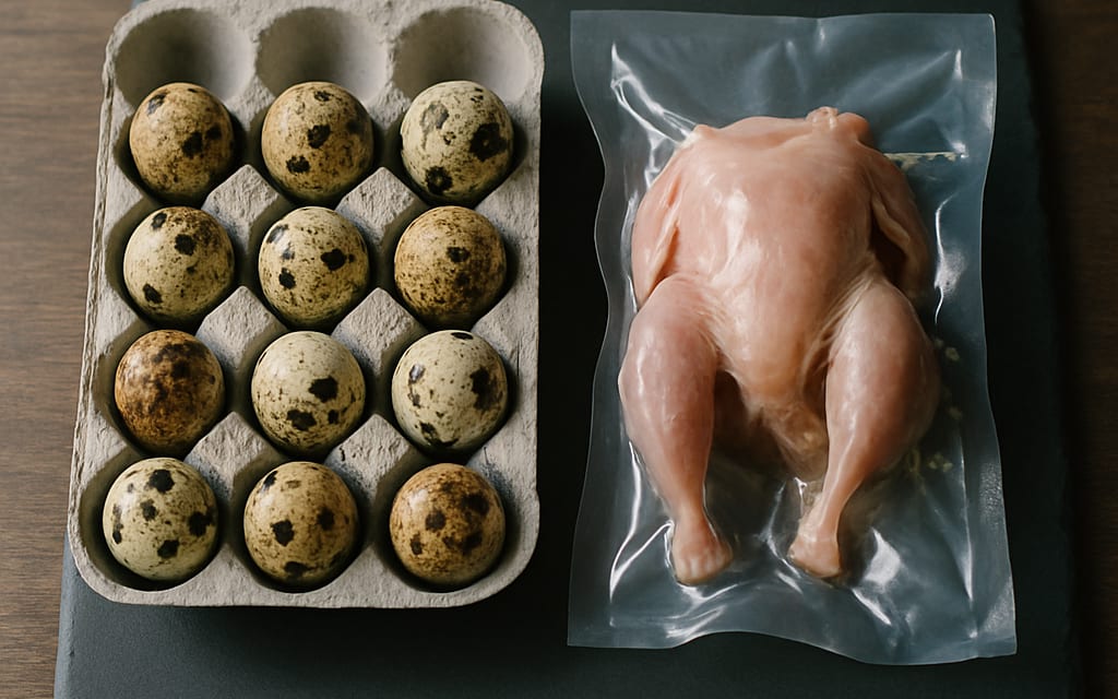Tray of speckled quail eggs next to a vacuum-packed dressed quail bird