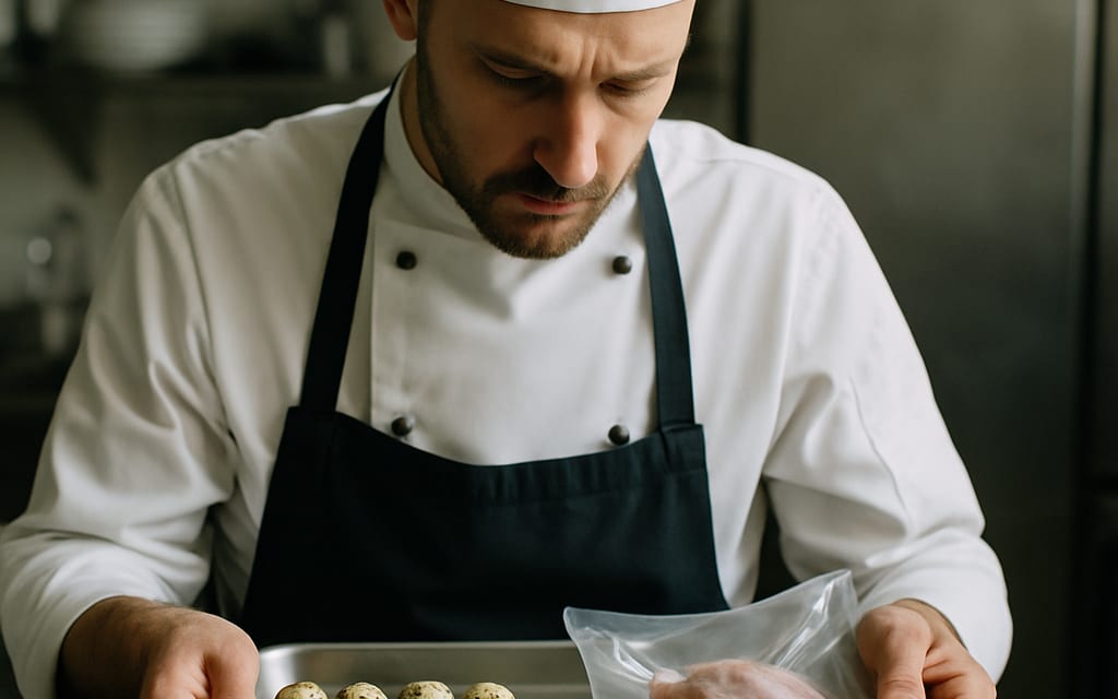 Restaurant chef inspecting quail eggs and vacuum-packed quail at back kitchen