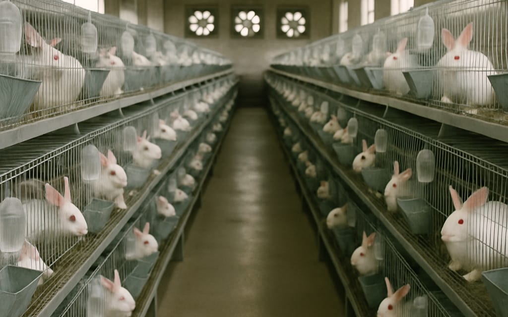 3-tier rabbit farm with white New Zealand rabbits in wire cages, ventilated
