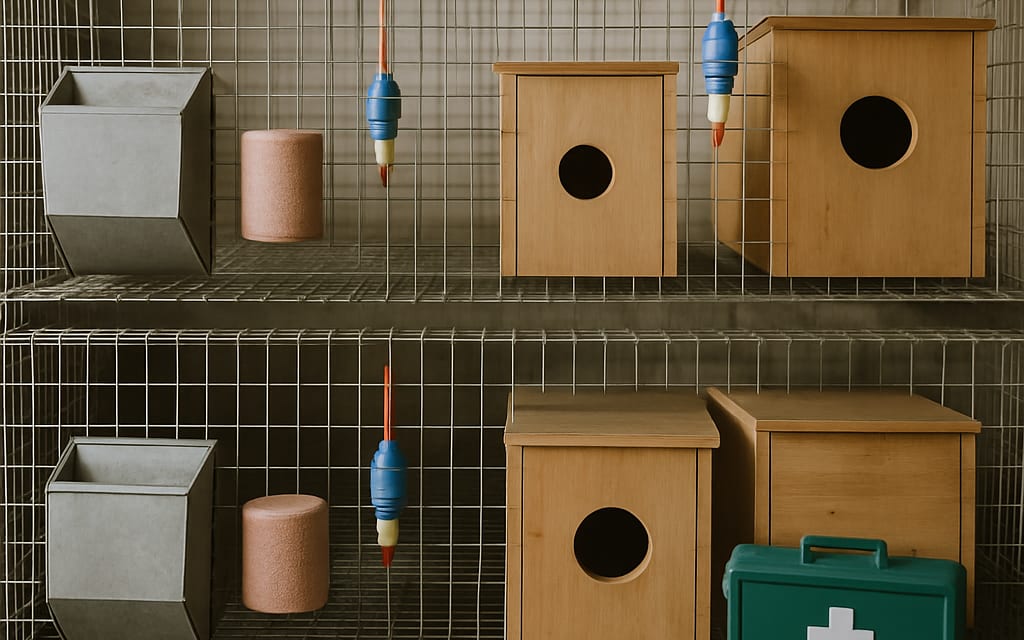 Rabbit cages, hopper feeders, nipple drinkers, nest boxes and vet kit