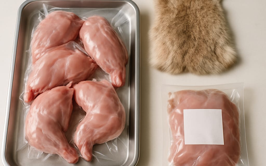 Vacuum-packed rabbit meat portions on stainless tray with a pelt sample
