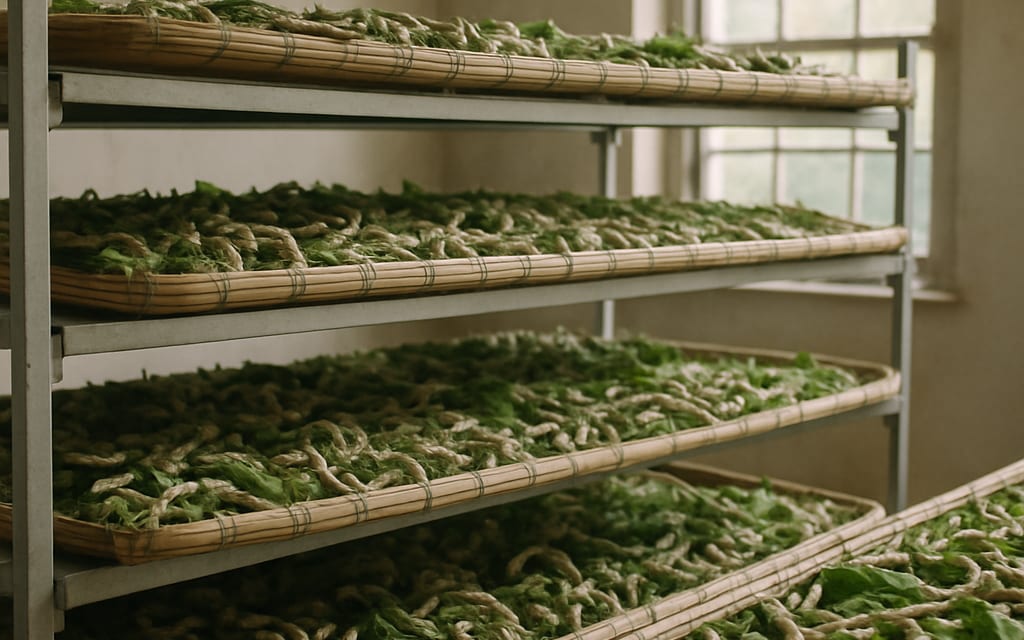 Sericulture rearing room with bamboo trays of silkworms on mulberry leaves
