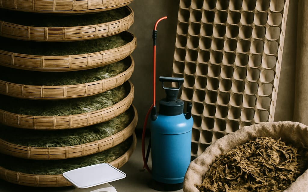 Bamboo rearing trays, spinning frames, sprayer, mulberry storage and scale