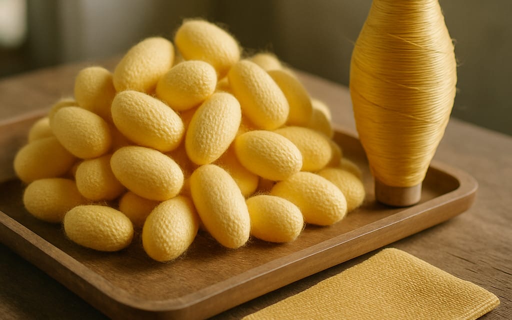 Heap of golden silk cocoons with a reeled thread spool and woven silk fabric