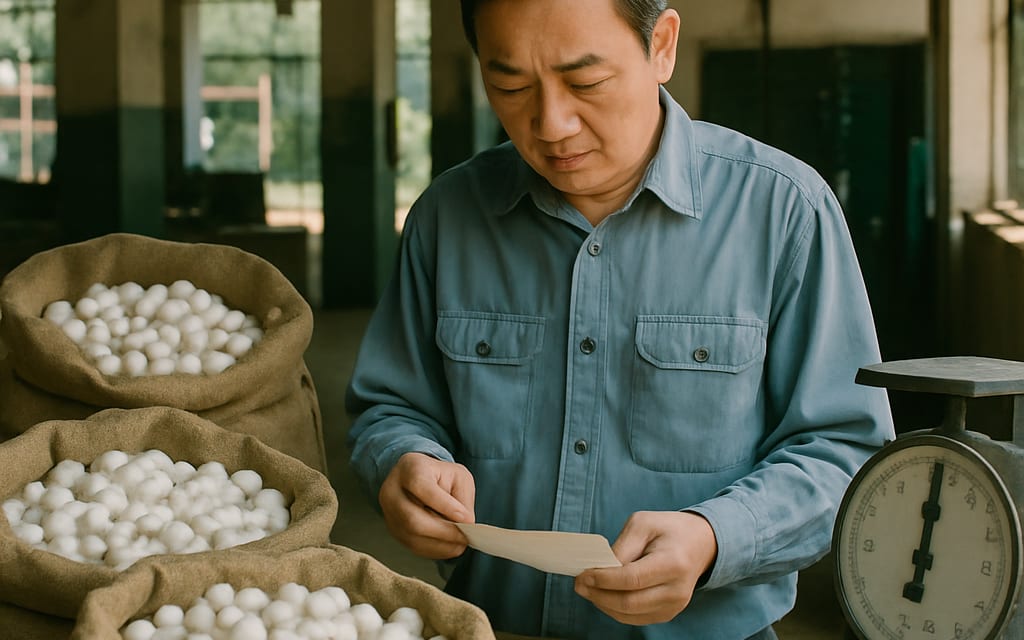 Silk-mill buyer inspecting sacks of cocoons with weighing scale and packing slip