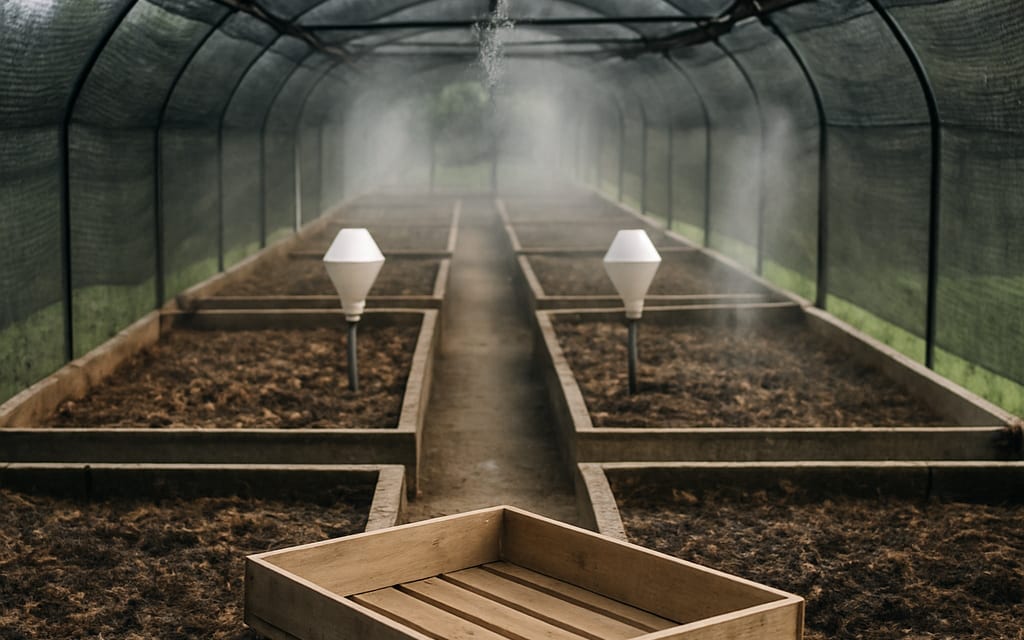 Shaded net house, moist substrate beds, feed dispensers, misters and harvest tray