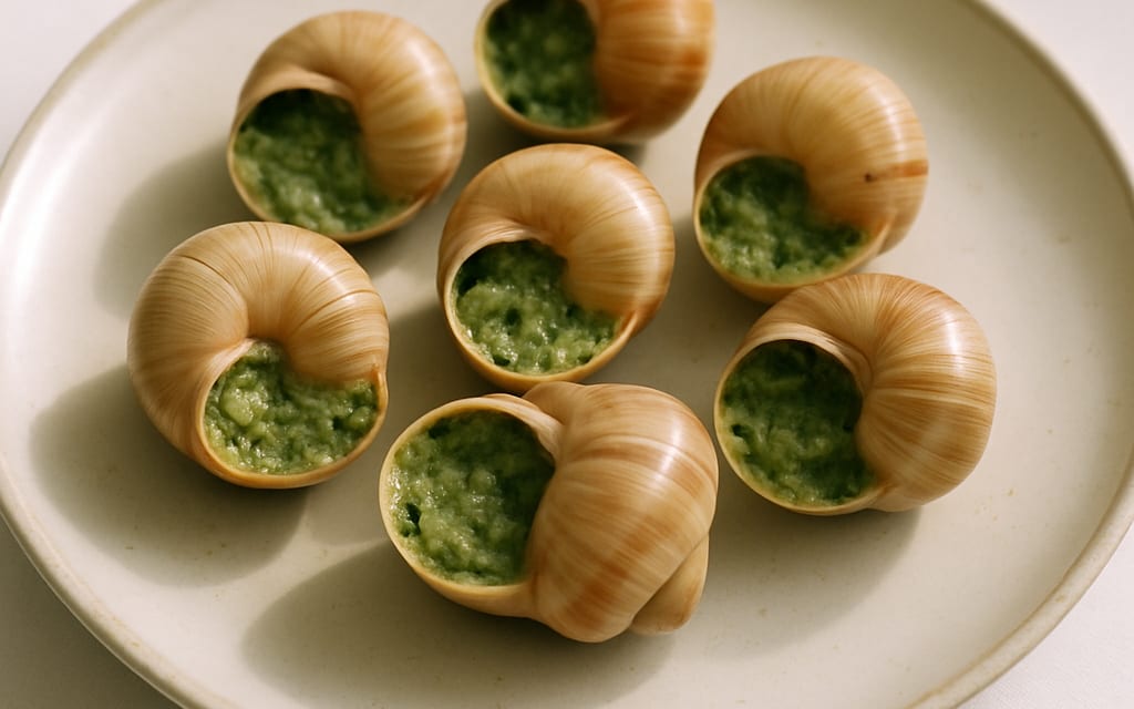 Culinary escargot snails in shells with garlic butter on a fine-dining plate