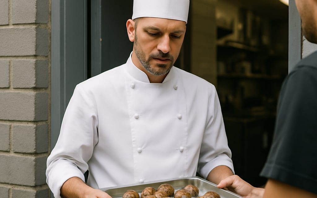 Fine-dining chef receiving a chilled tray of farmed escargot at back kitchen