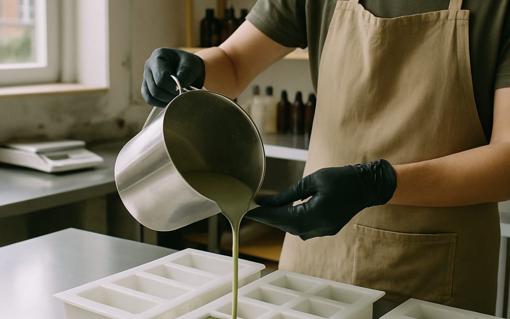 Artisan soap workshop with batter being poured into silicone moulds on stainless