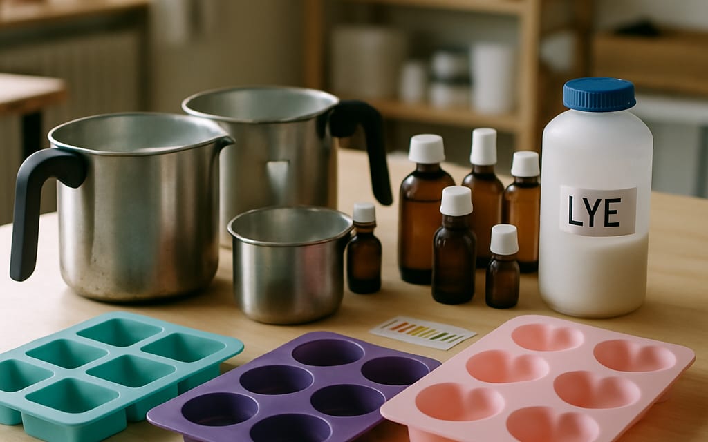 Soap workshop with melt pots, silicone moulds, fragrance oils, lye and pH strips