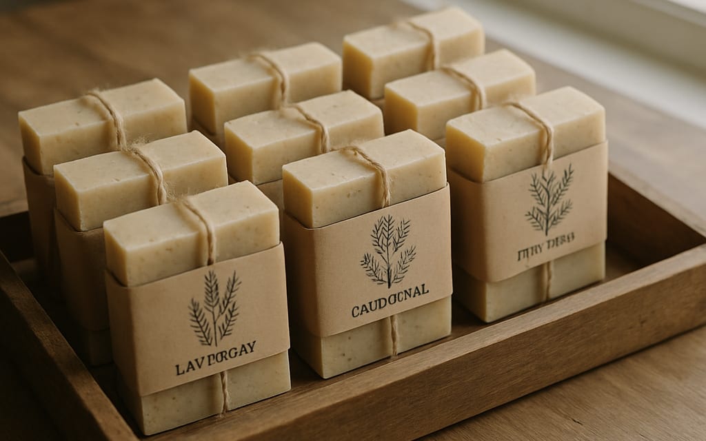 Wooden tray of herbal soap bars wrapped in kraft bands with botanical labels