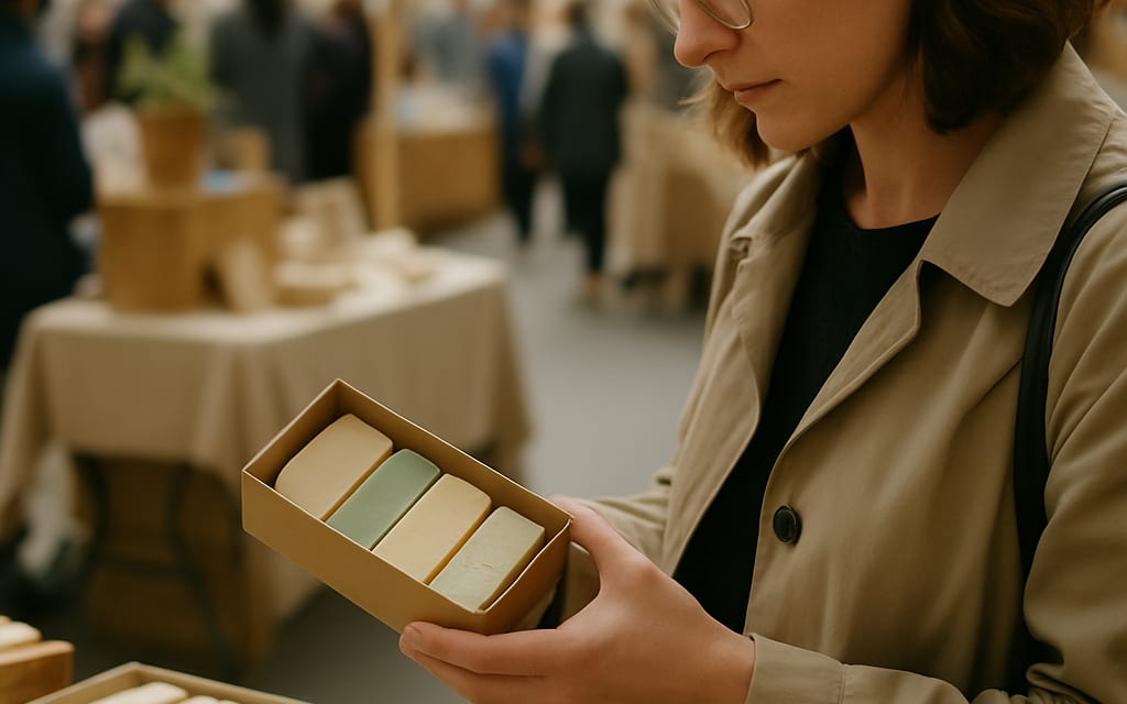 Buyer inspecting artisan soap sample bars at a craft-fair stall