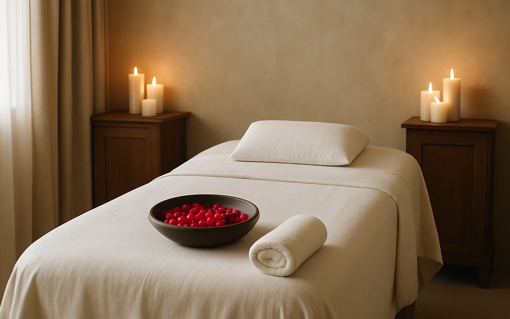Luxurious spa treatment room with massage table, candles and rose-petal bowl