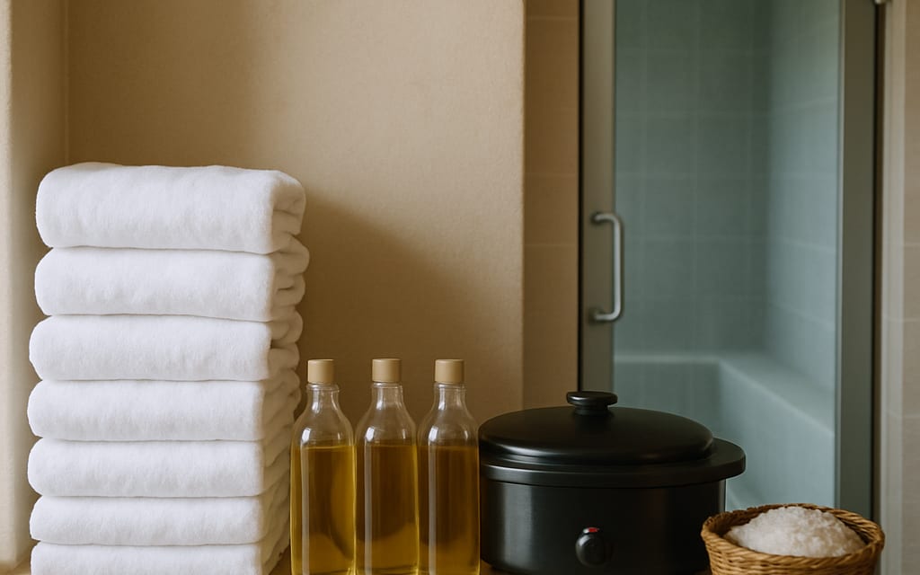 Spa amenities: stacked towels, oils, hot-stone heater, steam door and bath salts