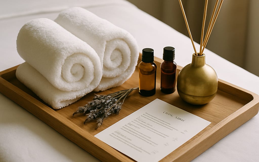Spa tray with rolled towels, oils, dried lavender, brass diffuser and menu