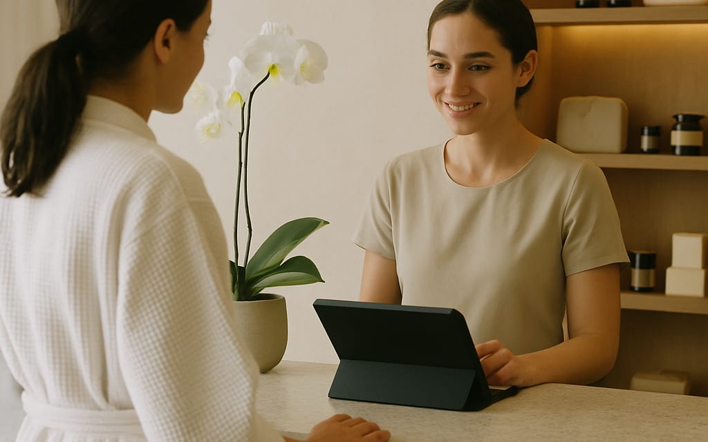 Spa reception desk with orchids, check-in tablet and gift-shop display