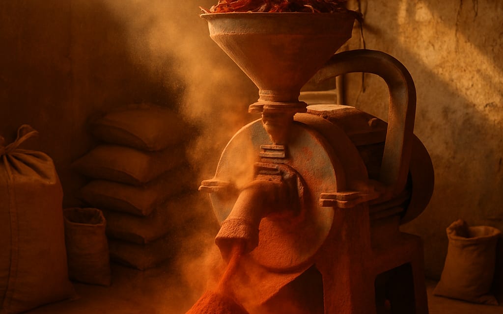 Spice workshop with pulveriser grinding red chilies into fine powder