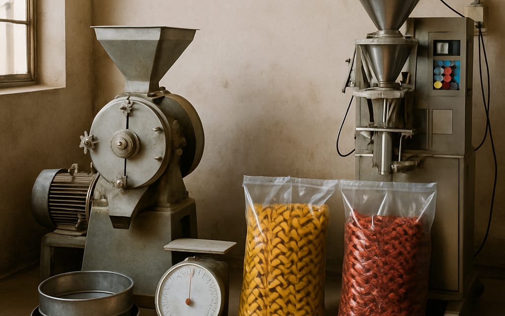 Industrial pulveriser, sieves, scale, whole spice bags and packaging machine