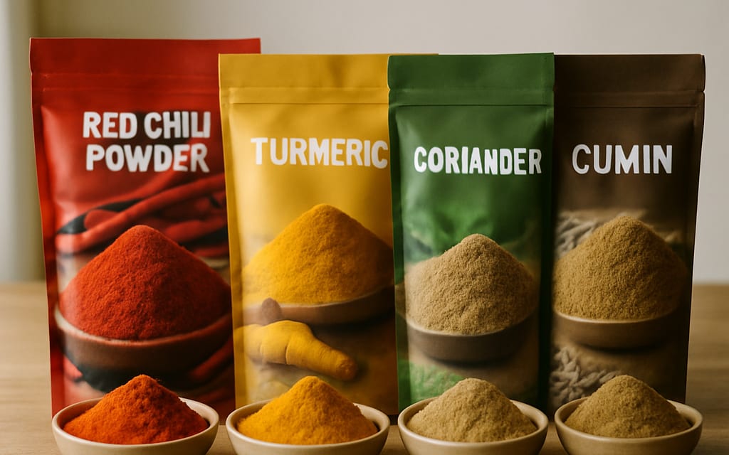 Branded pouches of chili, turmeric, coriander, cumin with bowls of ground spice