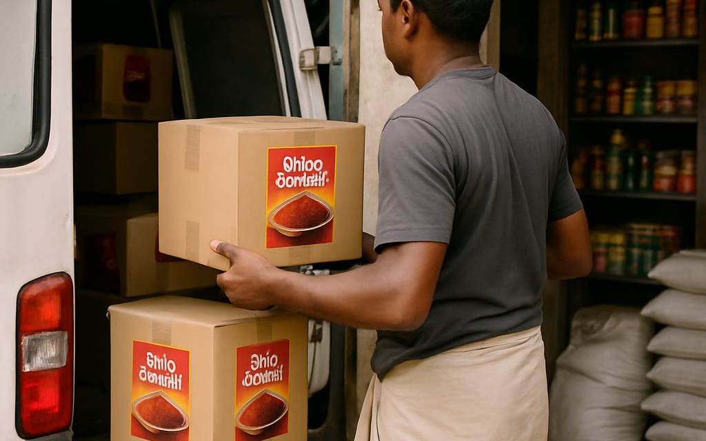 Wholesaler unloading sealed branded spice cartons from a van at a shop