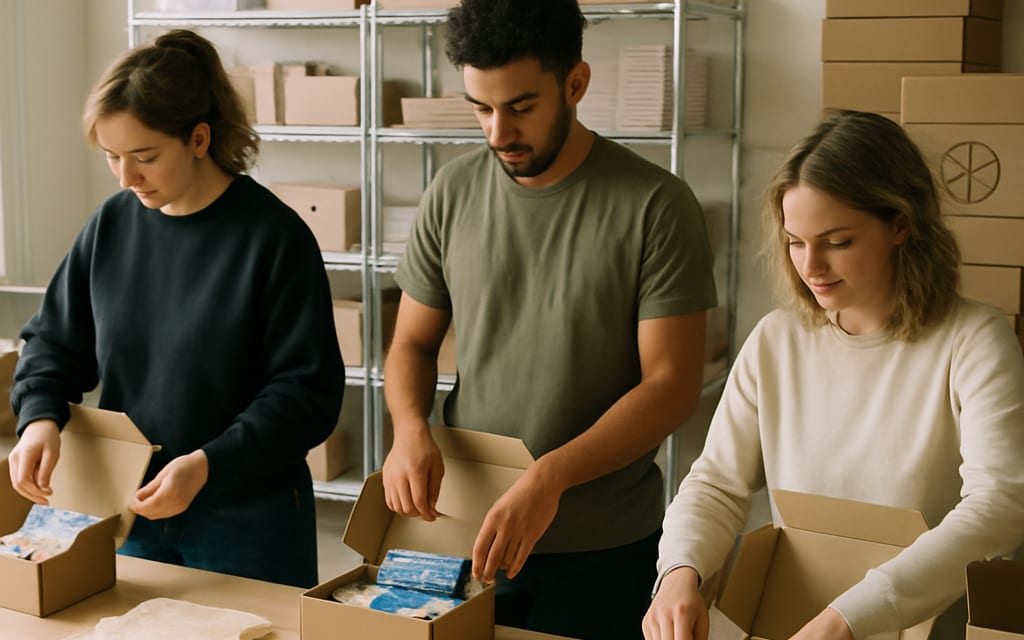 Subscription-box packing studio with curated themed boxes on a long table