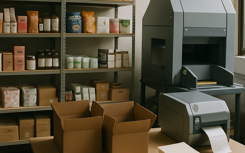 Fulfillment area with curated products, packaging machine, labels and insert cards