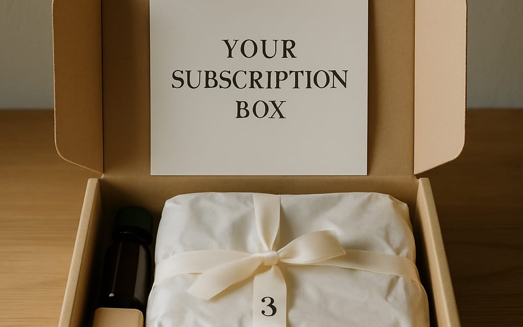 Opened subscription box with curated products, insert card and numbered ribbon