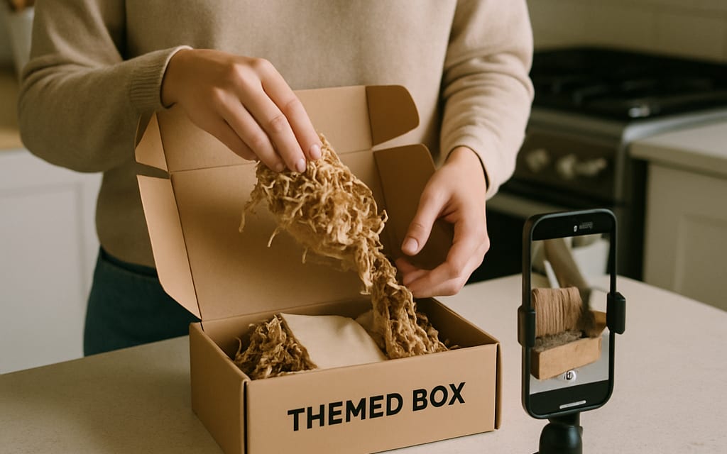 Subscriber unboxing a themed monthly box on a kitchen counter, phone filming