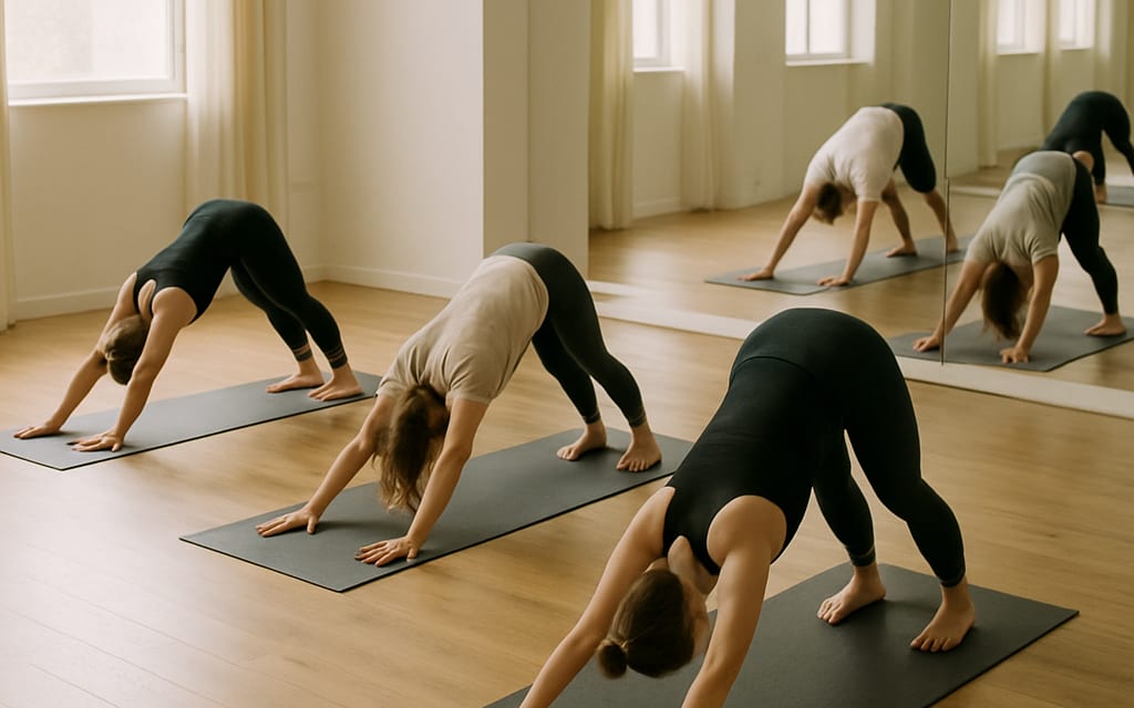 Serene yoga studio with wooden floor, mirrors and students in downward-dog pose