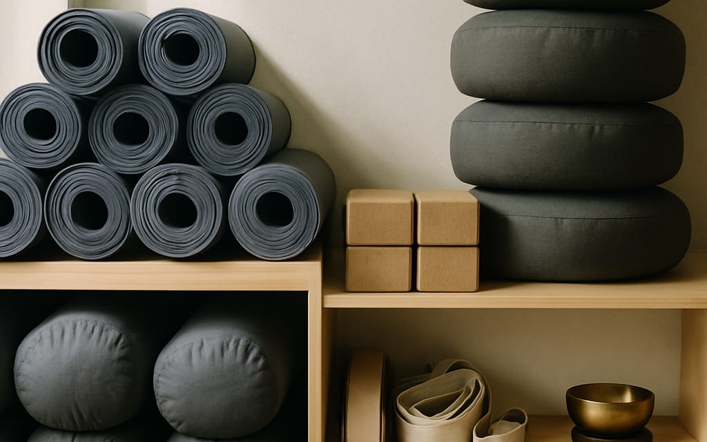 Yoga props: stacked mats, bolsters, blocks, straps, cushions and singing-bowl