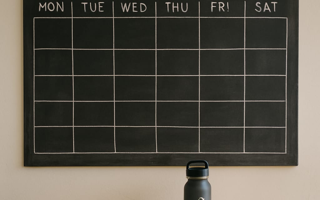 Class-schedule chalkboard with branded water bottle and meditation candle