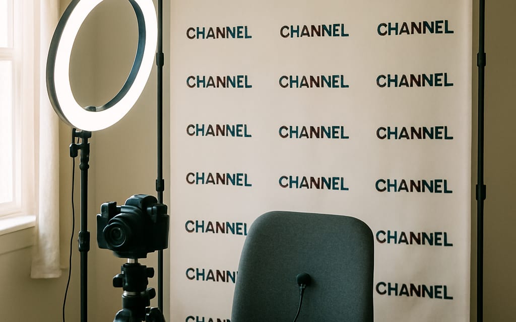 Home YouTube studio with camera on tripod, ring light, mic and branded backdrop