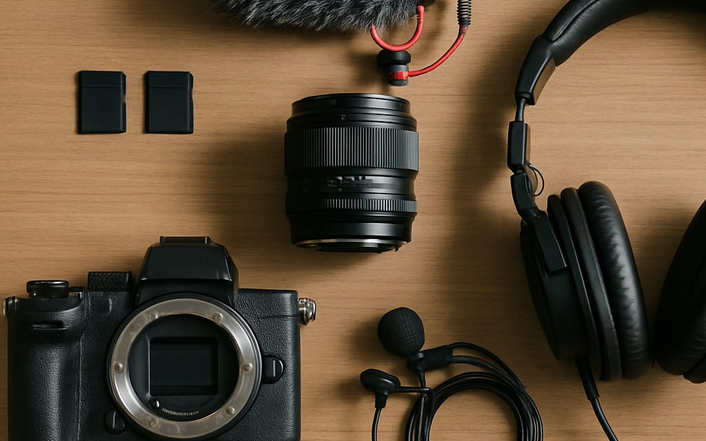 YouTuber gear flatlay with camera, lens, mic, SD cards and editing headphones