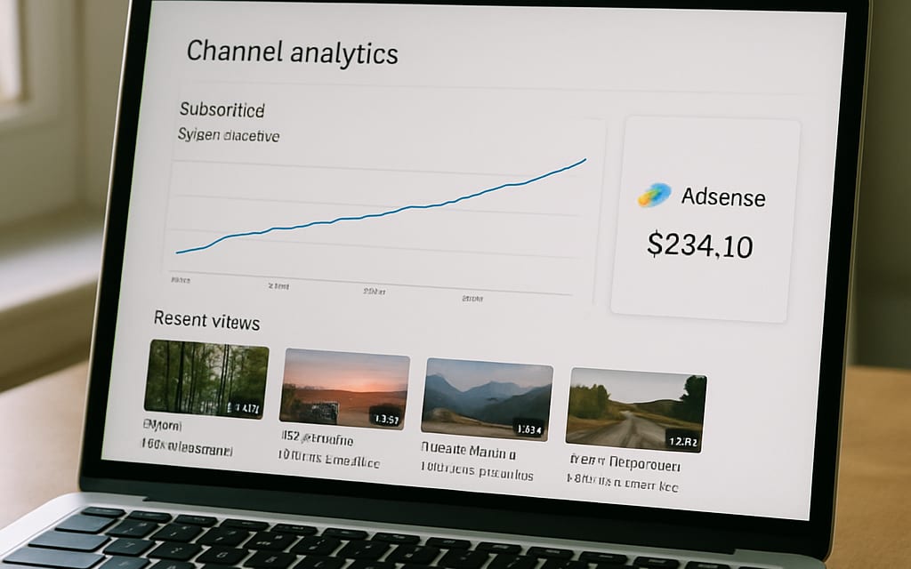 Laptop showing YouTube analytics dashboard with growth chart and AdSense card
