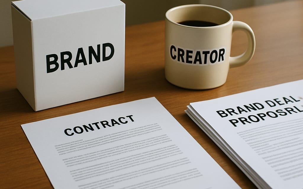 Brand-sponsored product box, contract, mug and brand-deal proposals on desk